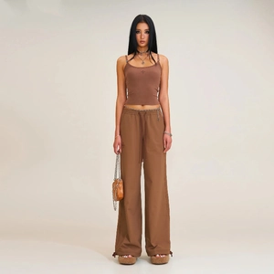 Women's brown knitted crop top and drawstring wide-leg pants streetwear set