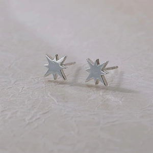 Polished silver eight-pointed star stud earrings on a textured minimalist background
