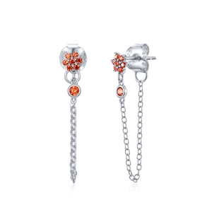 Close-up of S925 sterling silver earrings with orange zircon flowers and chain tassels