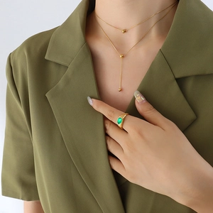 Double Layer Necklace Stainless Steel 18K Gold Plated Round Bead Geometric Pendant Minimalist Elegant Jewelry Women