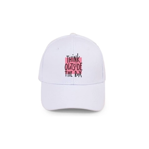 Detailed view of white cotton baseball cap featuring pink square and black text logo