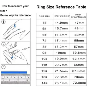 Size chart for titanium steel rings showing inner diameter and circumference measurements