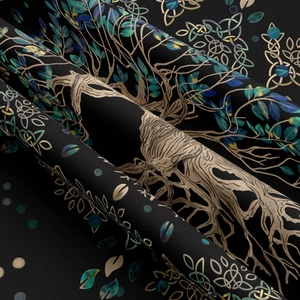 Detail of life tree tapestry showing intricate Celtic knots and gradient leaf prints