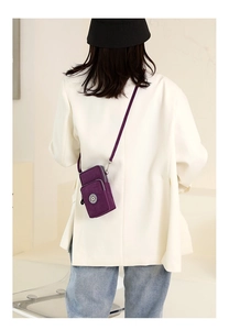 Purple multi-layer nylon crossbody mobile phone bag with adjustable strap and metal zippers