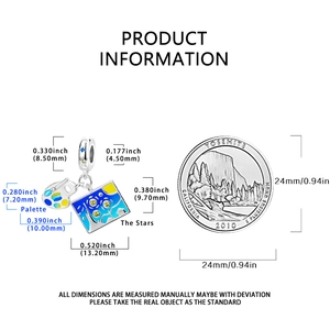 Detailed view of copper silver-plated artist palette charm with starry night enamel and size scale