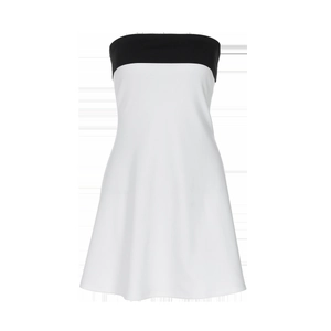 Detailed view of the black and white color block strapless mini dress with A-line silhouette