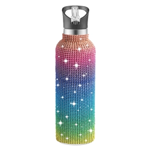 Sparkling rainbow rhinestone 32oz stainless steel tumbler with straw and handle