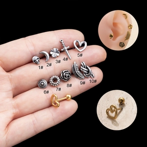 Set of 10 punk style stainless steel stud earrings in heart clover and skull shapes