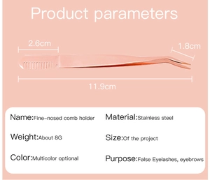 Macro view of rose gold stainless steel eyelash applicator tool with size dimensions