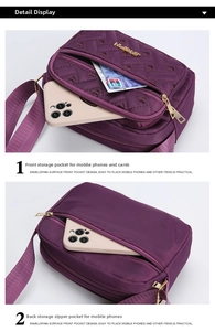 Macro detail of purple quilted oxford crossbody bag featuring front pocket and rear zip pocket