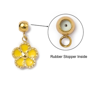 Detail of yellow flower pendant showing rubber stopper inside the gold plated clasp