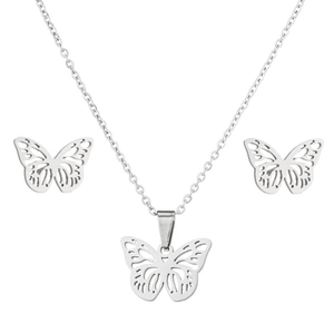 Set gioielli a farfalla in argento con collana pendente e orecchini a lobo coordinati