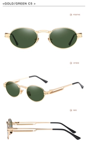 Three views of gold steampunk sunglasses with green lenses and spring hinge metal temples