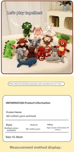 Detail view of handmade crochet stuffed animals featuring dinosaur and rabbit characters