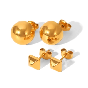 Two pairs of luxury gold stainless steel stud earrings in sphere and pyramid shapes