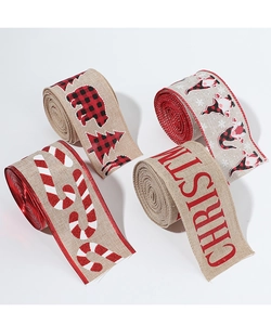 Detail of four Christmas burlap ribbons featuring candy canes, gnomes and buffalo plaid