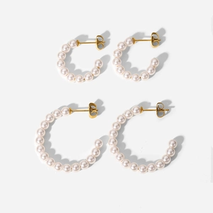 Elegant 18K gold-plated stainless steel C-shaped pearl earrings for women in two sizes