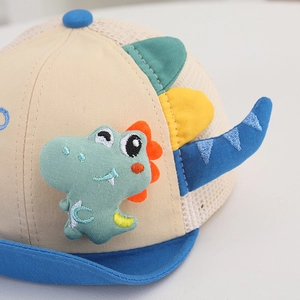 Toddler mesh baseball cap with dinosaur embroidery and 3D colorful fins on beige fabric