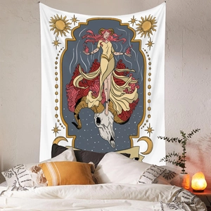 Zodiac skeleton wall tapestry with sun moon and stars over a cozy bedroom bed