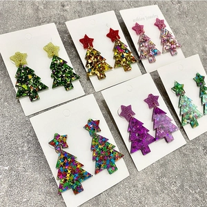 Christmas Tree Dangle Earrings Acrylic Glitter Star Holiday Party Fashion For Women With Steel Earring Post