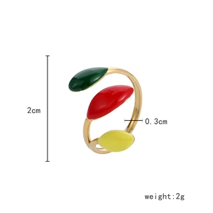 Detail showing gold leaf ring dimensions with green, red, and yellow enamel inlays