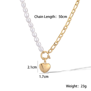 18K gold plated heart pendant necklace with white pearls and T-bar toggle clasp