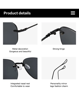 Detail view of rimless sunglasses showing comfortable nose pads and durable metal hinges