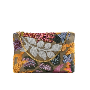 Olive green envelope bag with floral embroidery and golden chain shoulder strap