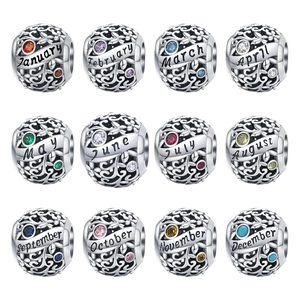 925 Sterling Silver Birthstone Beads Hollow Floral Vine Engraved Months Charms For Bracelets DIY Jewelry Making
