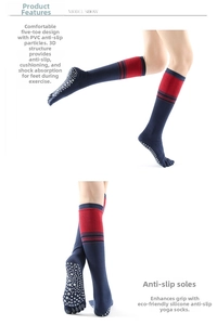Detail of over-knee five-finger yoga socks with anti-slip silicone dots and color-block design