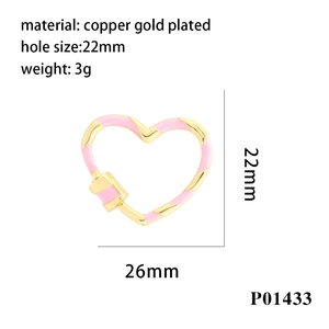 Detailed view of pink enamel heart carabiner screw lock with gold plated copper measurements