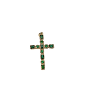 Gold-plated cross pendant featuring vibrant green square and round zircon stone inlay