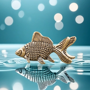 Exquisite golden goldfish ornament with scale texture on a reflective surface