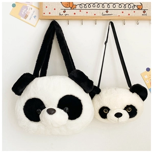 Close-up of large and small plush panda bags hanging on hooks with soft texture details