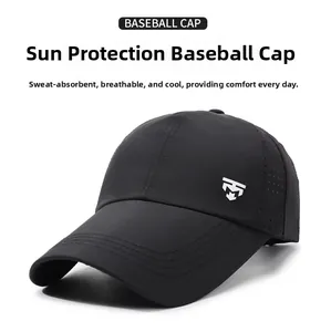 Detail view of black baseball cap showing white letter logo and breathable side eyelets