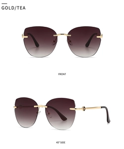Front and side view of rimless gold frame sunglasses with tea gradient lenses