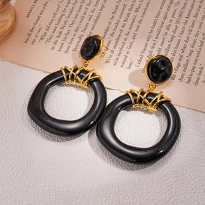Retro geometric resin drop earrings with black hoop and gold metallic woven details