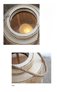 Close-up of a rustic handwoven wooden lantern featuring a thick hemp rope handle detail