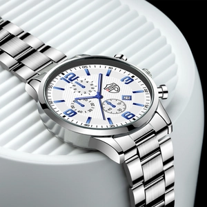 Men's silver stainless steel watch with white dial and luminous blue markers