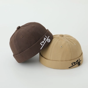 Kids cotton docker caps in brown and khaki with I'm ok smiley face embroidery