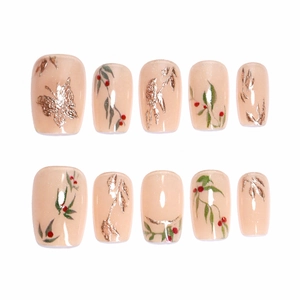 Glossy square press-on nails with golden butterflies and green leaf cherry patterns