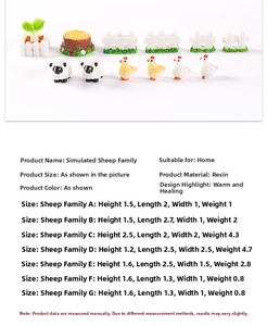 Detailed view of miniature resin sheep and chicken figurines with dimensions for moss landscapes