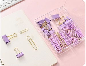 Detailed top view of purple and gold binder clips and paper clips in a 4-compartment box