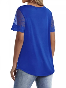 Women's blue V-neck T-shirt with sheer lace short sleeves shown from a back view