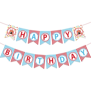 Circus carnival theme Happy Birthday banner set with red blue stripes and polka dots