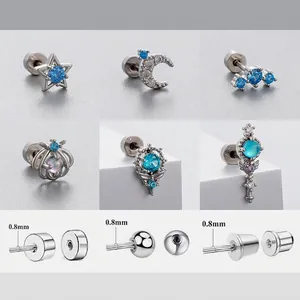 Boucles D'oreilles Cartilage En Acier Titane Avec Zircon Bleu Étoile Lune Cœur Style Fée Bijoux De Piercing Pour Femmes