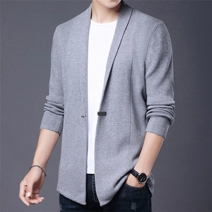 Men Knitted Cardigan Sweater Viscose Polyester Polyamide Blend Slim Fit Long Sleeve Single Buckle Shawl Collar Casual Top
