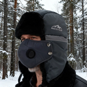 Chapeau de trappeur d'hiver gris foncé avec doublure en fourrure et masque intégré