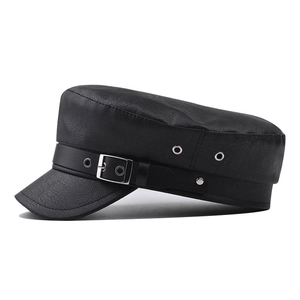 Classic black PU leather military cap with silver buckle and textured pebble finish