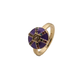 Bague ajustable plaquée or avec émail violet et zircons multicolores au design de soleil rayonnant